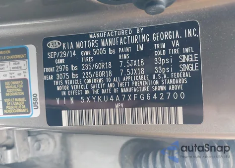 2015 Kia Sorento Ex V6 z USA, uszkodzony, nr VIN 5XYKU4A7XFG642700